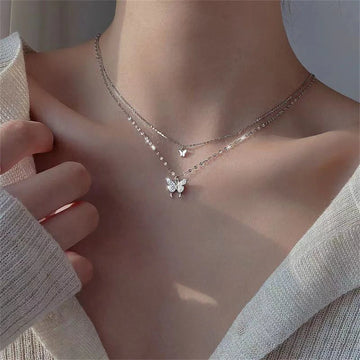 Exquisite Shiny Butterfly Necklace, Double Layer Clavicle Chain Necklace, Jewelry for Women Gift