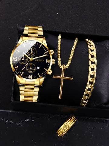 kit buy 1 get 4 - men's quartz watch + cross necklace + ring bracelet