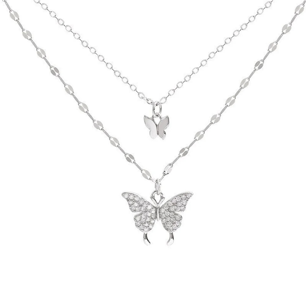 Exquisite Shiny Butterfly Necklace, Double Layer Clavicle Chain Necklace, Jewelry for Women Gift