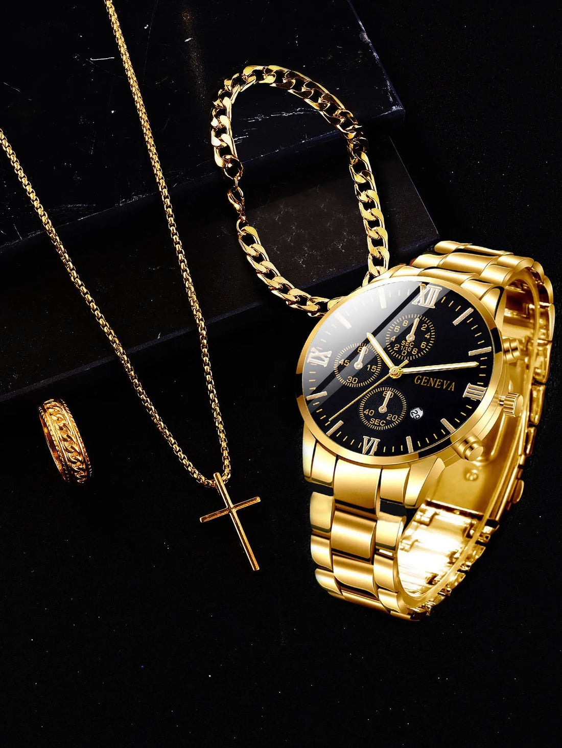 kit buy 1 get 4 - men's quartz watch + cross necklace + ring bracelet